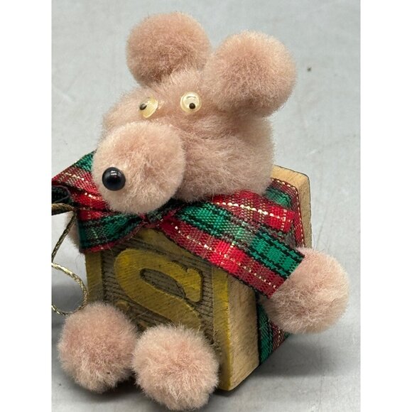 Vintage handmade Fuzzy Bear & Mouse Christmas Tree Ornaments On Alphabet Blocks - Picture 3 of 7